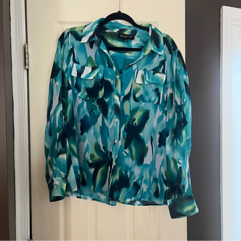 Women’s Jones New York Collection Turquoise Print Button Up Blouse Size 14